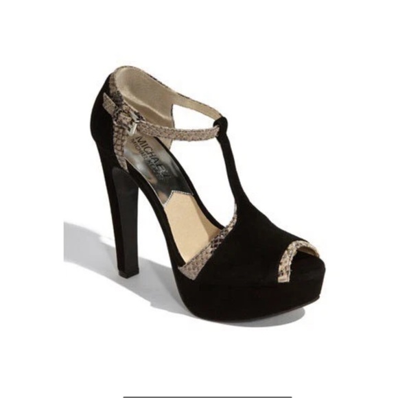 Michael Kors pump heels women’s black suede glazed Python Sophia T-strap size 8 - Picture 1 of 11